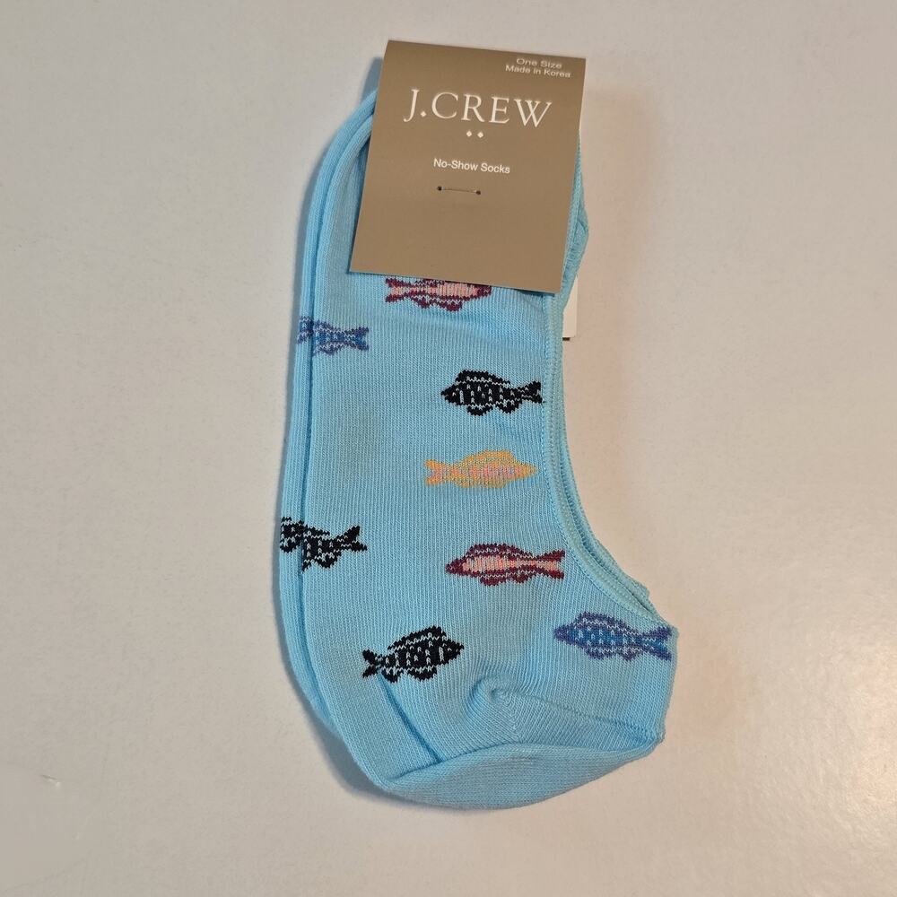 J Crew No-Show Socks Womens One Size Blue Novelty Fish Print Cotton Blend NWT